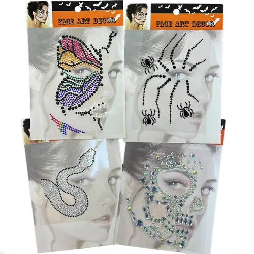 Vista 5 de Tatuajes faciales para cosplay, Día de la Muerte, cráneo temporal, gemas para la cara, tatuajes, diamantes de imitación, fantasma, novia, jade