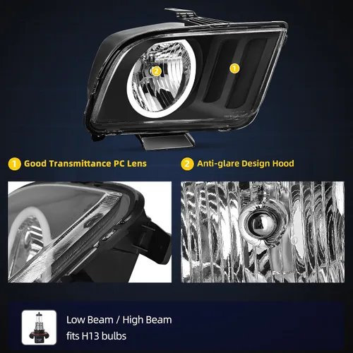 Vista 4 de DWVO Conjunto de Faro Delantero Compatible con Ford Mustang 05 06 07 08 09 2005 2006 2007 2008 2009 Lámpara con LED DRL