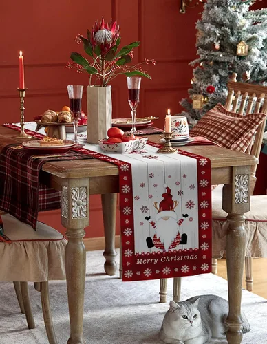 Vista 5 de Camino de mesa de lino y algodón de Feliz Navidad, gnomo, copo de nieve, camino de mesa de madera para mesa de comedor, decoración de cocina