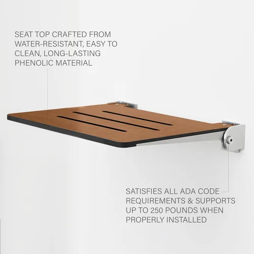 Vista 4 de Seachrome Asiento de ducha plegable Silhouette Slimline de 18 pulgadas, para montaje en pared, asiento rústico de teca con marco plateado