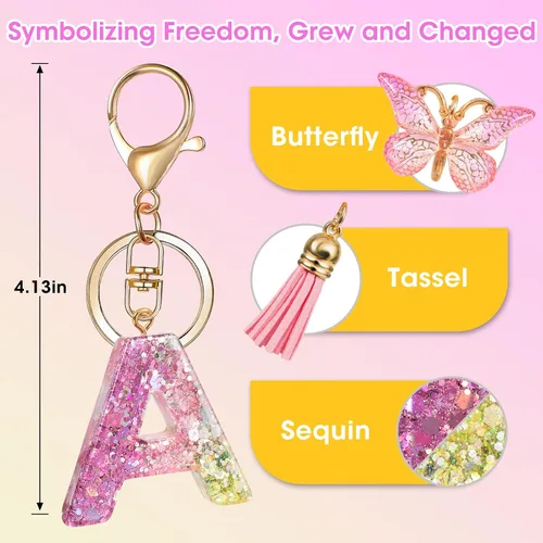 Vista 2 de GIFTOXO Llaveros de letras para mujeres y niñas, llaveros para llaves de automóvil, accesorios lindos y rosados para mochila, cartera