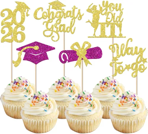 Vista 49 de Paquete de 24 adornos para cupcakes de clase de 2026 con purpurina 2026 para diploma de graduación 2026, selecciones para cupcakes para graduación