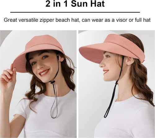 Vista 2 de Sombrero de sol para mujer, 2 en 1, con cremallera, protección solar, visera de playa, sombrero de golf plegable
