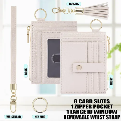 Vista 2 de Cartera con llavero para mujer, delgada, con bloqueo Rfid, tarjetero para tarjetas de crédito, cartera de identificación con cremallera, cartera