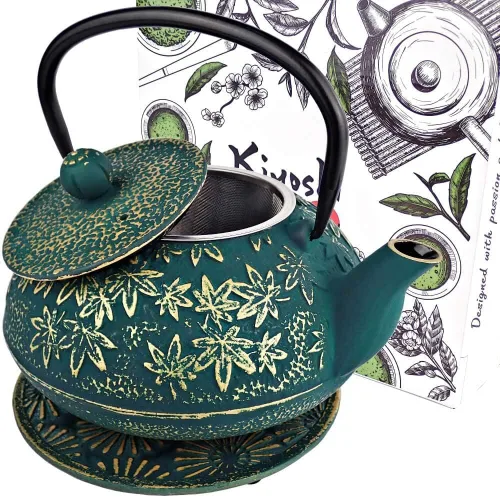 Vista 10 de Juego de 3 teteras japonesas de hierro fundido de gran capacidad de 40 onzas con salvamanteles e infusor de té de hojas sueltas, tetera de hierro
