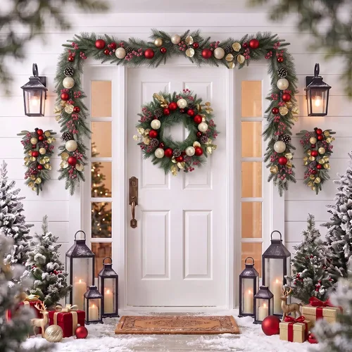 Vista 2 de Valery Madelyn Red Gold Christmas Teardrop Swag Decoration with Lights Rojo dorado