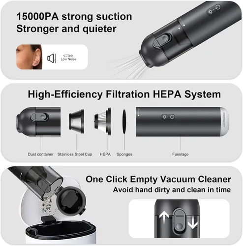 Vista 4 de Aspiradora de mano inalámbrica para automóvil, aspiradora portátil de 15000 PA con luz LED y filtro HEPA, soplado y succión 2 en 1 pequeño limpiador