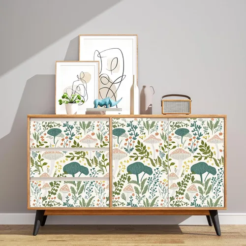Vista 3 de Papel tapiz floral de hongos rosados para despegar y pegar, papel de contacto bohemio con hojas verdes claras, acuarela, colorido mural de pared