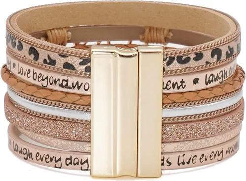 Vista 5 de Wovanoo Pulseras de cuero de leopardo para mujer, pulsera multicapa con hebilla magnética, regalo para cumpleaños, día de la madre, día de San
