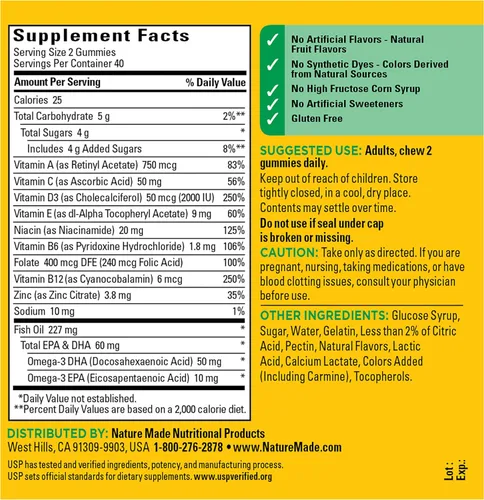 Vista 11 de Nature Made Multivitamínico + Omega-3, gomitas multivitamínicas para mujeres y hombres, apoyo nutricional diario, 80 vitaminas y minerales