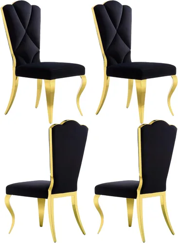 Vista 13 de Juego de 2 sillas de comedor de terciopelo negro y dorado, sillas de cocina tapizadas con respaldo alto con patas de acero inoxidable pulido, sillas