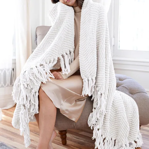 Vista 4 de Manta de punto suave con textura para sofá, manta de tweed crema con borlas de flecos para decoración del hogar, cama, sofá, silla, 50 x 60 Blanco
