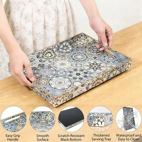 Vista 2 de Bandeja grande para servir con asas, bandeja rectangular de plástico para servir, bandejas otomanas azules bohemias para sala de estar, bandeja