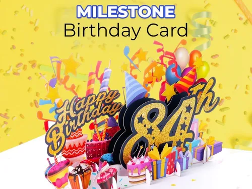 Vista 8 de iGifts And Cards Tarjeta desplegable 3D de feliz cumpleaños 84 – Diseño azul con números de purpurina, globos, pasteles y regalos – Tarjeta