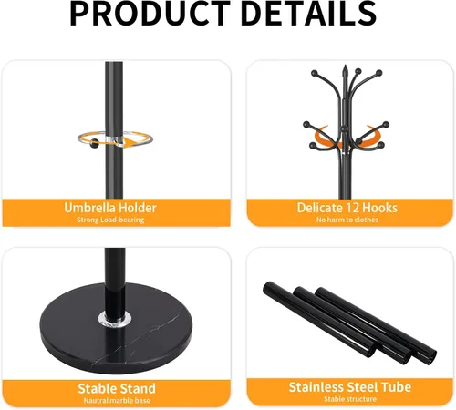 Vista 2 de ZOZOE Perchero de Metal con Soporte, Perchero Moderno Independiente con Base de Mármol Natural, Percheros Resistentes con 12 Ganchos y Negro