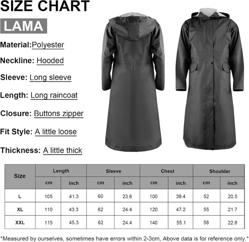 Vista 2 de LAMA Impermeable largo con capucha para mujer, impermeable de longitud completa con bolsillo y cremallera, ropa impermeable plegable, impermeable