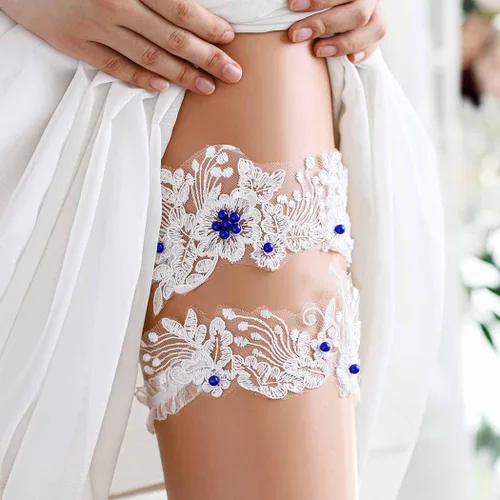 Vista 2 de Conjunto de ligas de boda de perlas de encaje nupcial elástico para muslo, accesorios para novia dama de honor (2 unidades)