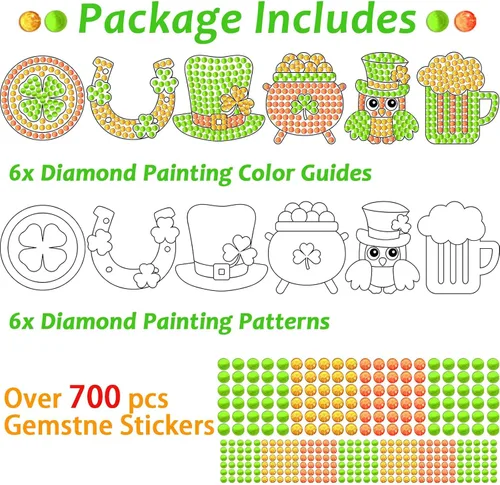 Vista 2 de Qyeahkj 6 piezas de manualidades del día de San Patricio, sombrero de trébol, gema de diamante, atrapasoles para niños, pintura de diamantes de San