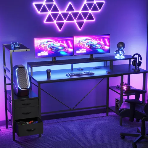 Vista 29 de Mericonia Escritorio para computadora en forma de L con tomas de corriente, escritorio para juegos reversible con estantes de almacenamiento y Marrón