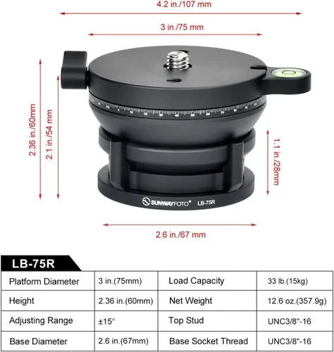 Vista 9 de SUNWAYFOTO LB-75R 360 Base de nivelación panorámica Cabezal de trípode 33 lbs (15kg) Capacidad de carga