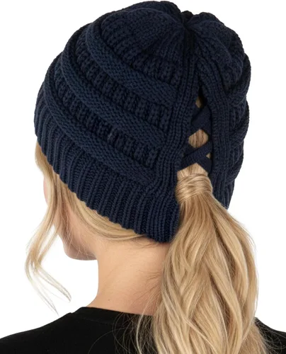 Vista 20 de Funky Junque - Gorro de coleta para mujer – Gorro de invierno con cola de caballo cruzada para mujer, cálidos y lindos gorros de punto con cola