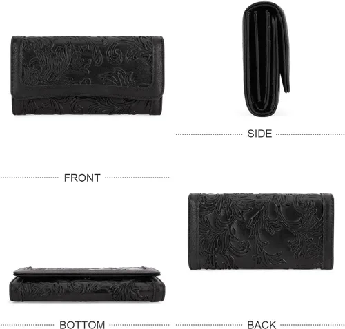 Vista 39 de MEITRUE Cartera de cuero para mujer, con bloqueo RFID, triple pliegue, con relieve, soporte para tarjetas, organizador de chequera para teléfono