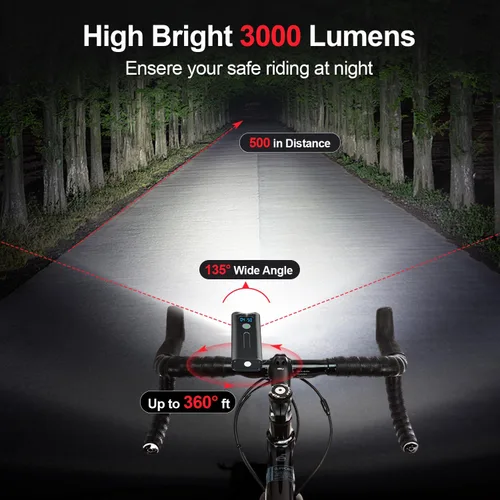 Vista 3 de Juego de luces multifuncionales para bicicleta de 3000 lúmenes, luz de bicicleta de 5200 mAh recargable, luz delantera para bicicleta de noche