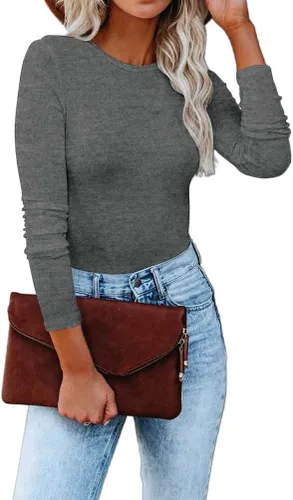 Vista 3 de REVETRO Camisetas de cuello redondo para mujer, manga larga, ajustadas, para invierno, básicas
