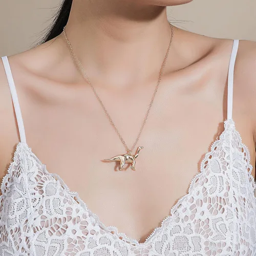 Vista 3 de Collar de cadena de dinosaurio de oro para mujer Triceratops T-Rex Brachiosaurus Collar con colgante de animales, regalo de Navidad, collares