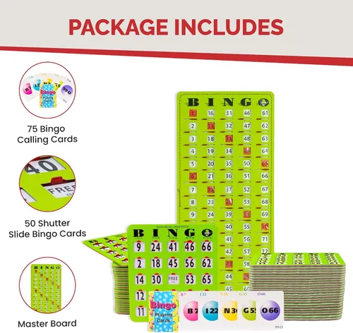 Vista 2 de MR CHIPS Tarjetas de bingo a prueba de atascos con ventanas deslizantes, 50 tarjetas obturadoras reutilizables, 75 llamadas, 1 tablero maestro más