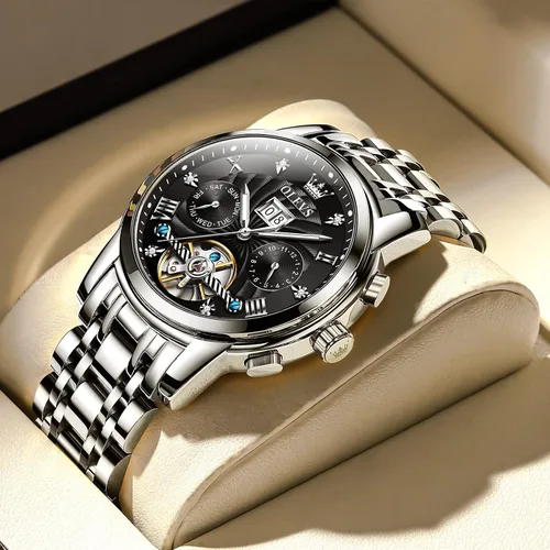 Vista 2 de OLEVS Relojes automáticos para hombre, reloj mecánico de lujo con cuerda automática, Tourbillon, reloj de esqueleto, reloj de negocios con diamantes