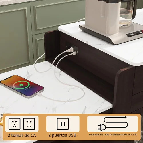 Vista 4 de HLR Isla de cocina extensible de 72 pulgadas con almacenamiento, mesa de isla con ruedas con encimera de grano de mármol y toma de corriente Marrón