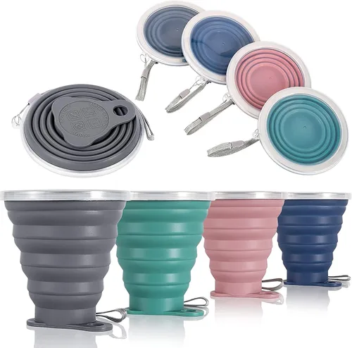 Vista 10 de ME.FAN Taza de viaje plegable de silicona - Taza de camping plegable con tapas de silicona - Juego de tazas de beber expandibles - Portátil