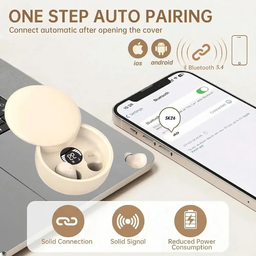 Vista 4 de Auriculares para dormir, mini auriculares inalámbricos invisibles para canales auditivos pequeños, auriculares Bluetooth ergonómicos con sonido Beige