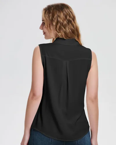 Vista 6 de YAMANMAN Camisas sin mangas con botones para mujer, blusa clásica con cuello en V
