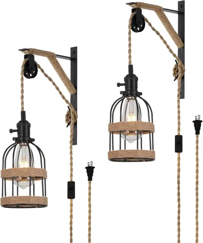Vista 10 de Lámpara colgante enchufable, lámpara de pared con polea de granja con cable e interruptor de enchufe marrón de 7 pies, lámparas colgantes