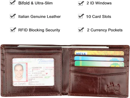 Vista 3 de Cartera para hombre-Cuero Genuino RFID Bloqueo Billetera Bifold Elegante Con Ventana 2 ID