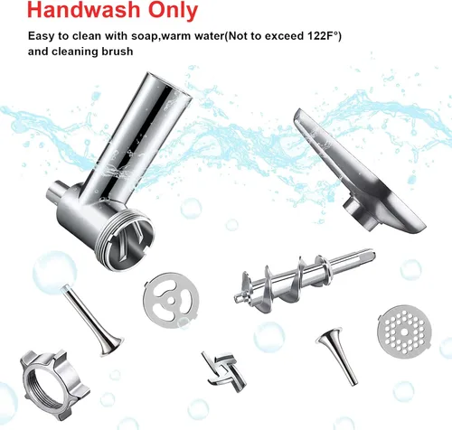 Vista 6 de COFUN Picadora de carne para batidora KitchenAid, molinillo de alimentos de metal con 4 placas de molienda, 3 tubos de relleno de salchichas, 2