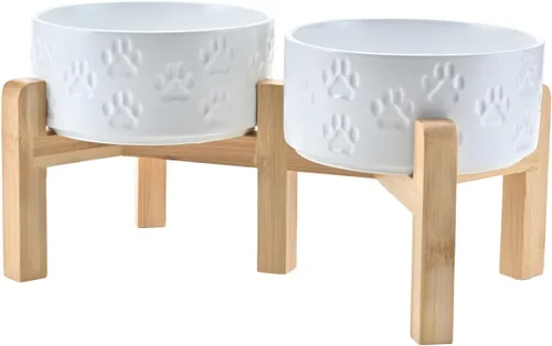 Vista 60 de SPUNKYJUNKY Cuencos elevados de cerámica para perros, 5.1 pulgadas, para comida de perros y gatos, cuencos elevados con soporte de bambú Verde oscuro