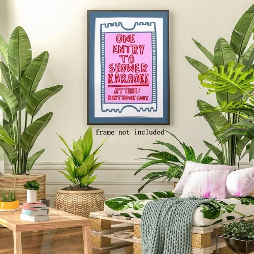 Vista 7 de Arte de pared moderno en rosa y azul con entrada a la ducha, póster de karaoke, decoración divertida para baño, señales retro para baño, decoración