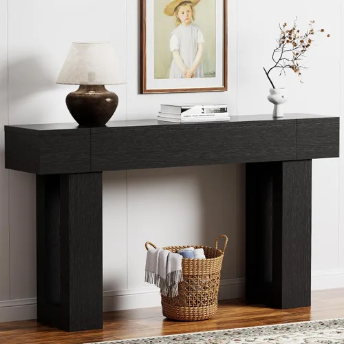 Vista 12 de Mesa consola de 63 pulgadas de largo con salidas y puertos USB, mesa rectangular estrecha para sofá detrás del sofá, mesa de entrada de granja