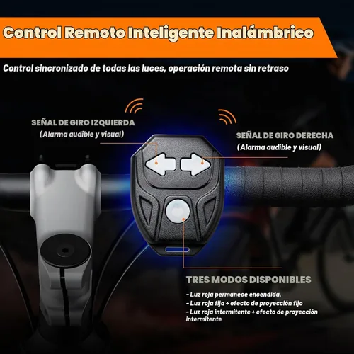 Vista 4 de Señales de giro para bicicleta con proyector, 5 modos de luz trasera de bicicleta recargable por USB, control remoto, impermeable, dividida, ebike
