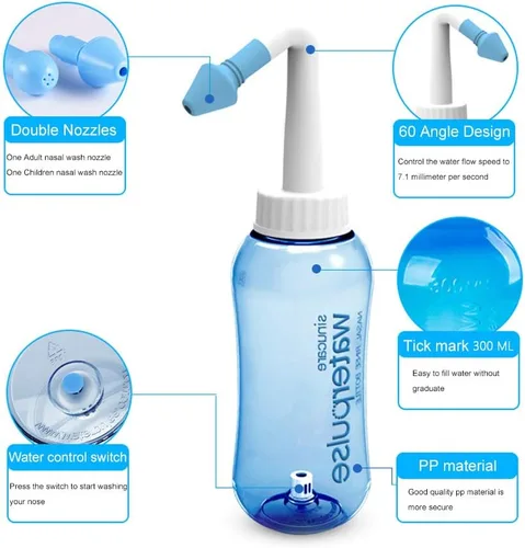 Vista 4 de Carllg Neti Pot - Botella de lavado de riego nasal con sal de enjuague sinusal para adultos y niños (botella de 10.1 fl oz con 30 paquetes de sal)