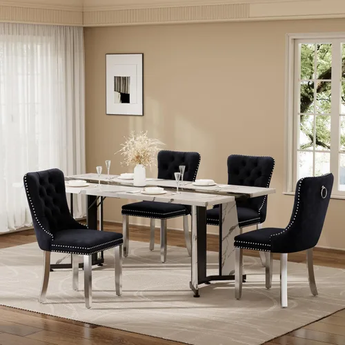Vista 23 de Juego de mesa de comedor de 5 piezas con 4 sillas, mesa de comedor rectangular de madera de 71 pulgadas con sillas de comedor de terciopelo, tablero