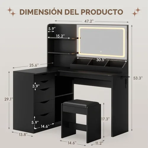 Vista 2 de Furmax Escritorio de tocador con espejo, tocador en forma de L, espejo iluminado con LED, con toma de corriente y 3 estantes de almacenamiento, mesa