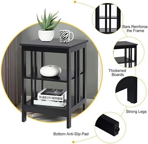 Vista 5 de Mesa auxiliar con estante de almacenamiento de 3 niveles para sala de estar, dormitorio, marco de madera estable, fácil montaje (negro, 1 unidad)