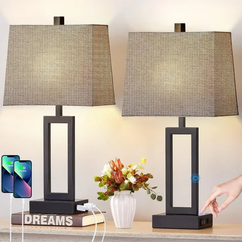 Vista 14 de Lolikit Lámparas de mesa con control táctil de 23.5 pulgadas, lámpara de noche de metal para dormitorio, juego de 2 con puertos USB A+C y salida