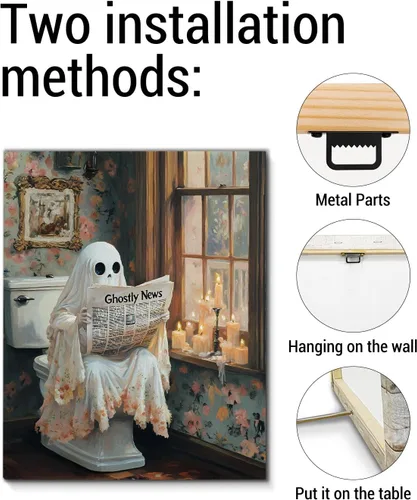 Vista 6 de QPVXSST Arte de Pared Interesante de Fantasma de Halloween para Baño, Póster Impreso en Lienzo de Estilo Gótico, Decoración de Baño con Diseño