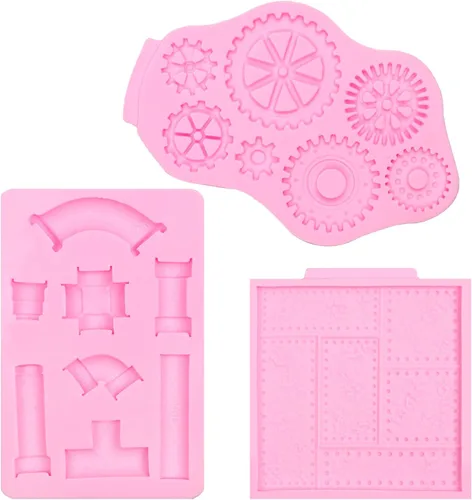 Vista 9 de Steampunk Gear - Moldes de silicona, 3 paquetes de tubería de agua remachada placa de metal molde de chocolate para decoración de pasteles