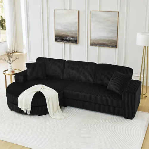 Vista 3 de Sofá cama modular en forma de L con almohadas, sofá modular convertible de pana con reposapiés curvado móvil, color negro